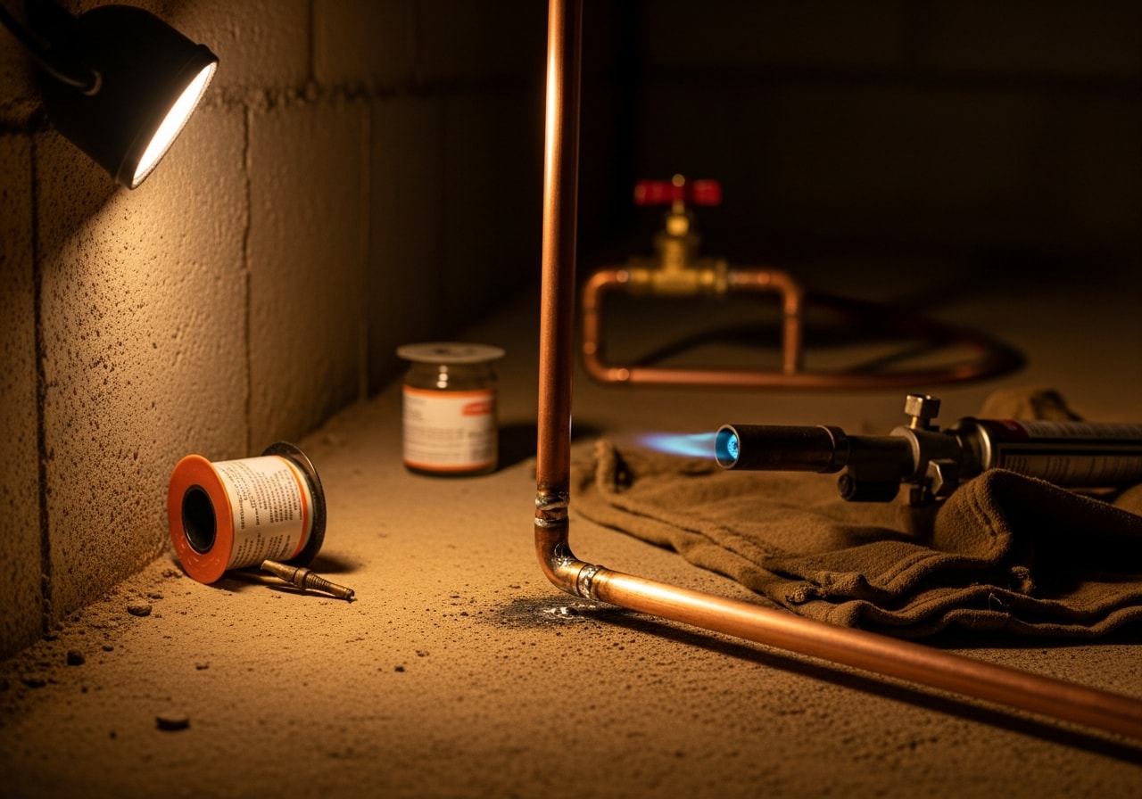 Soldered copper pipe repair in crawl space, Kodak