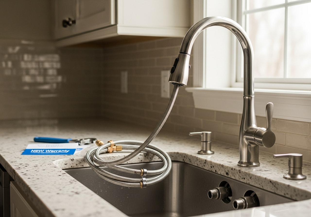 New pull-down kitchen faucet with sprayer installed, Newport