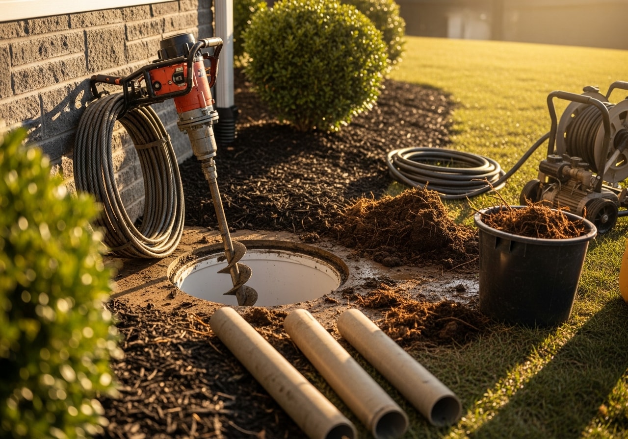 Motorized drain cleaning equipment clearing main sewer line blockage, Morristown