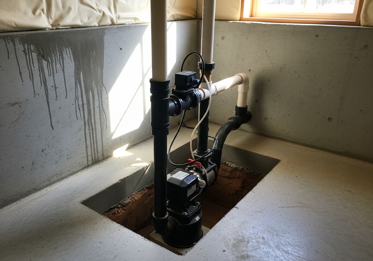 Sump pump basin installed in basement corner with discharge line, Serierville