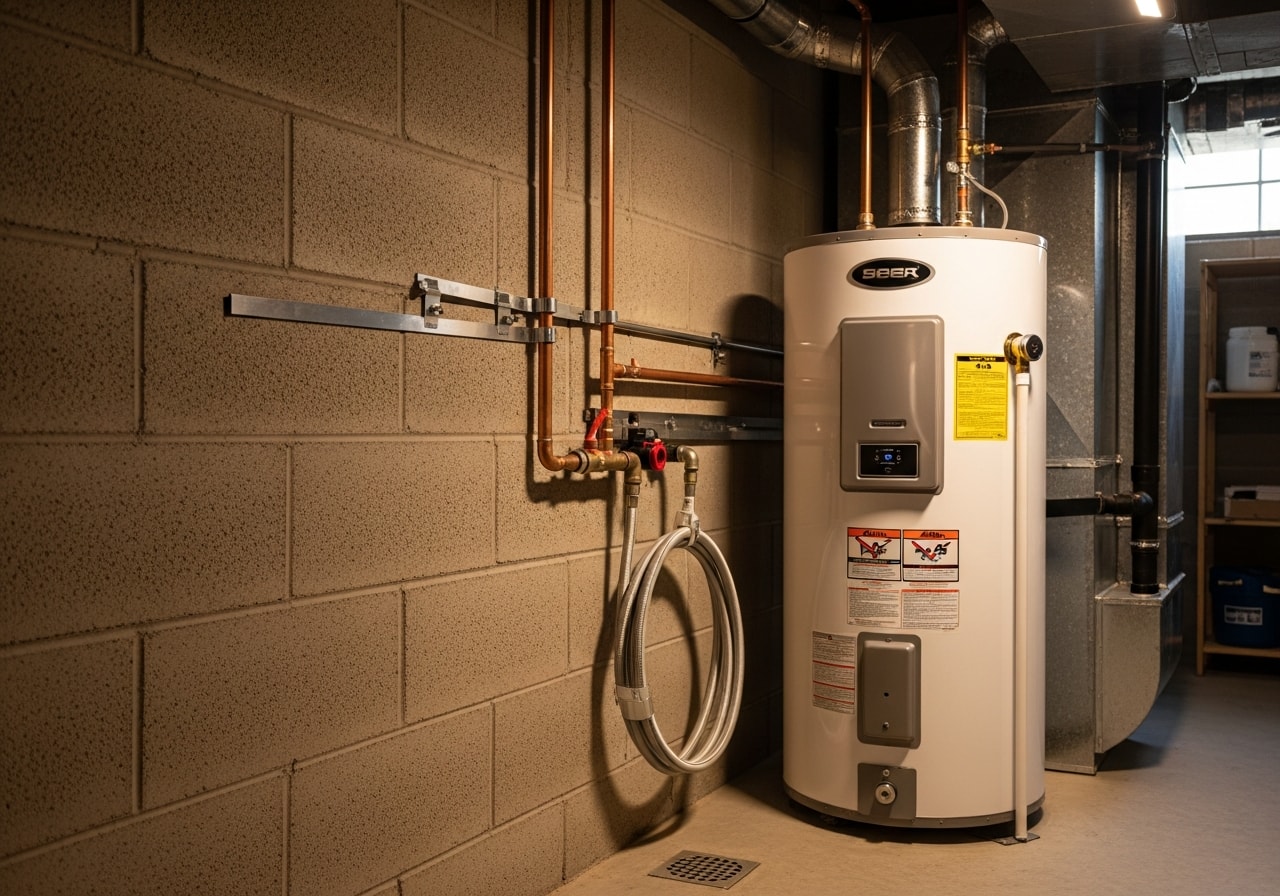 New electric water heater installed in basement utility space, Knoxville
