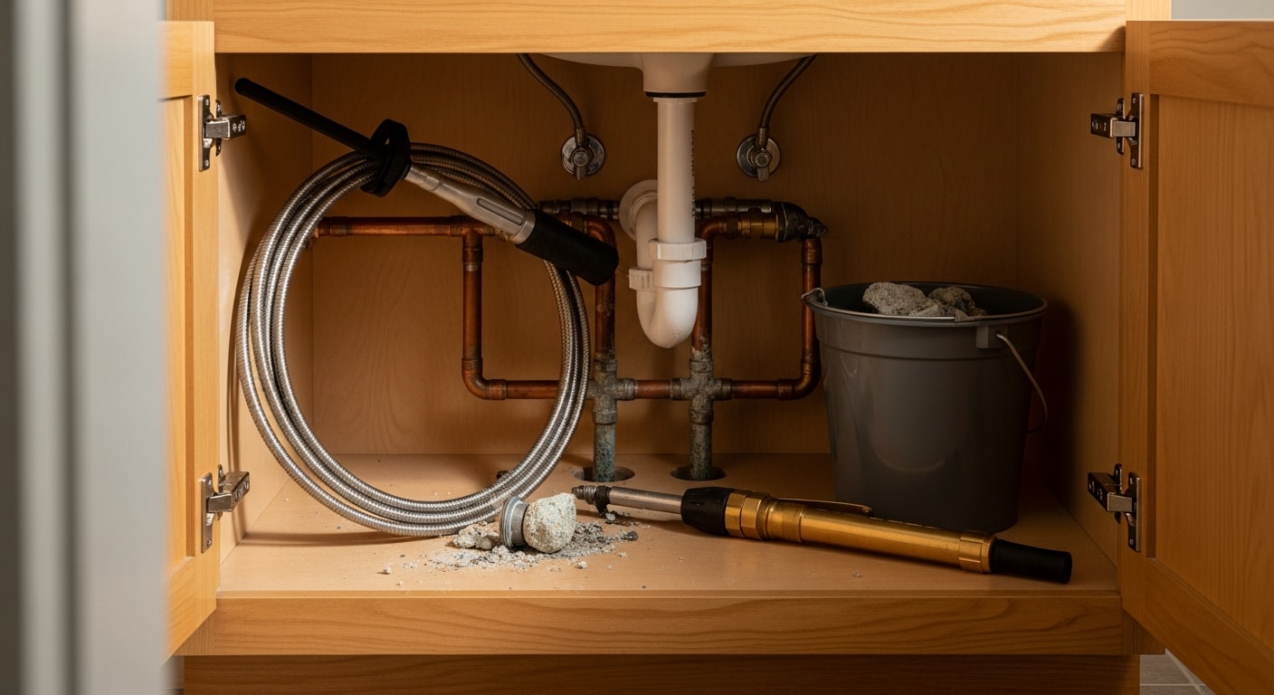 A plumber using a drain snake to clear a clogged kitchen sink drain in a Sevierville, TN home. The under-sink pipes are visible and the drain line is fully accessible for service.