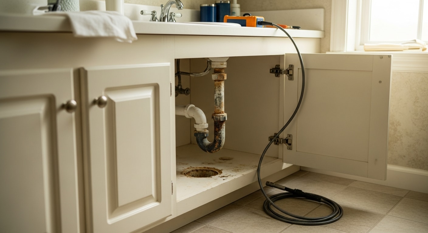 A plumber inspecting an exposed residential drain line beneath a bathroom sink in a Sevierville, TN home. The repaired pipe connection is visible with clean fittings and no visible corrosion.