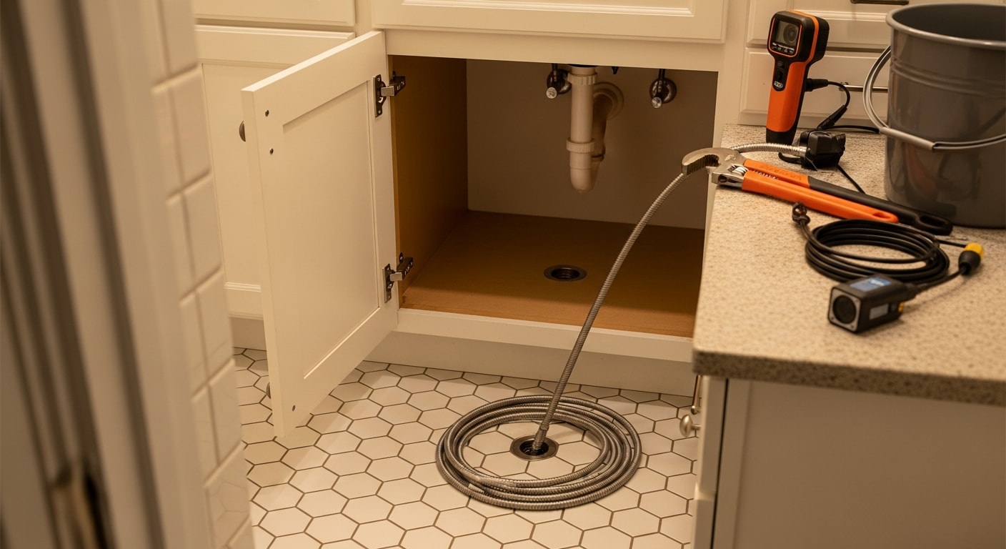 A licensed plumber clearing a clogged kitchen sink drain inside a Sevierville, TN home. Water flows freely through the drain after the blockage is removed.