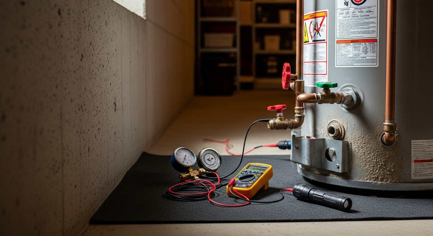A licensed All Clear Plumbing technician inspecting a residential water heater tank in a Sevierville, Tennessee home, checking the pressure relief valve and tank connections. Close-up view of the inspection process showing the anode rod and drain valve on a standard tank water heater.