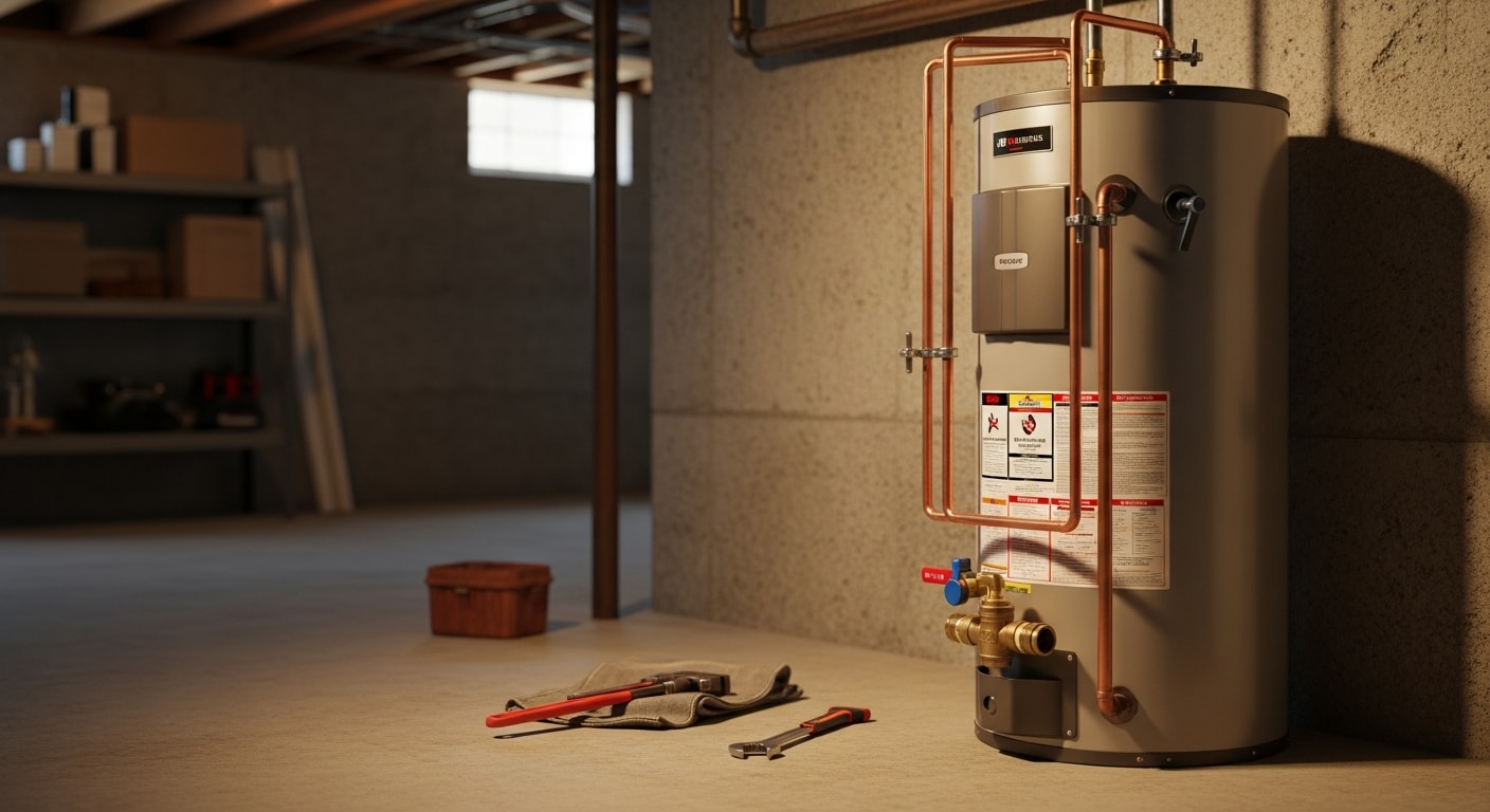 A licensed plumber from All Clear Plumbing completing a water heater installation in a Sevierville, TN home utility room. A new tank-style water heater is connected to copper supply lines with proper venting in place.