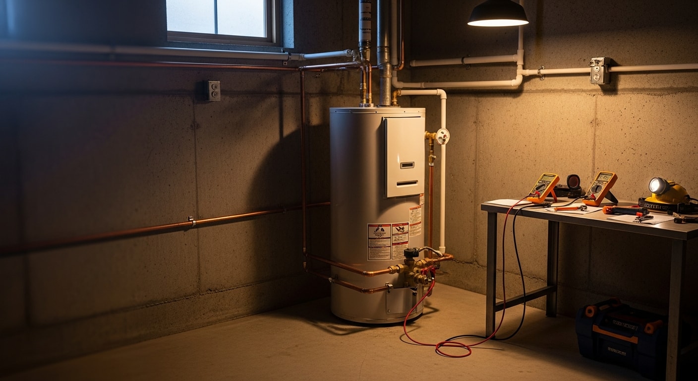A licensed plumber from All Clear Plumbing inspecting a residential tank water heater in a Sevierville, Tennessee home utility room. The technician checks the pressure relief valve and connections on a gas water heater installed against a concrete block wall.